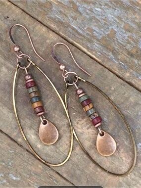 Boho Multi-Color Bead & Copper Teardrop Hoop Earrings